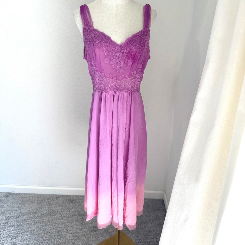 Vintage Julius Garfinckel Purple Pink Ombre Lace Midi Nightgown Slip Dress Fairy